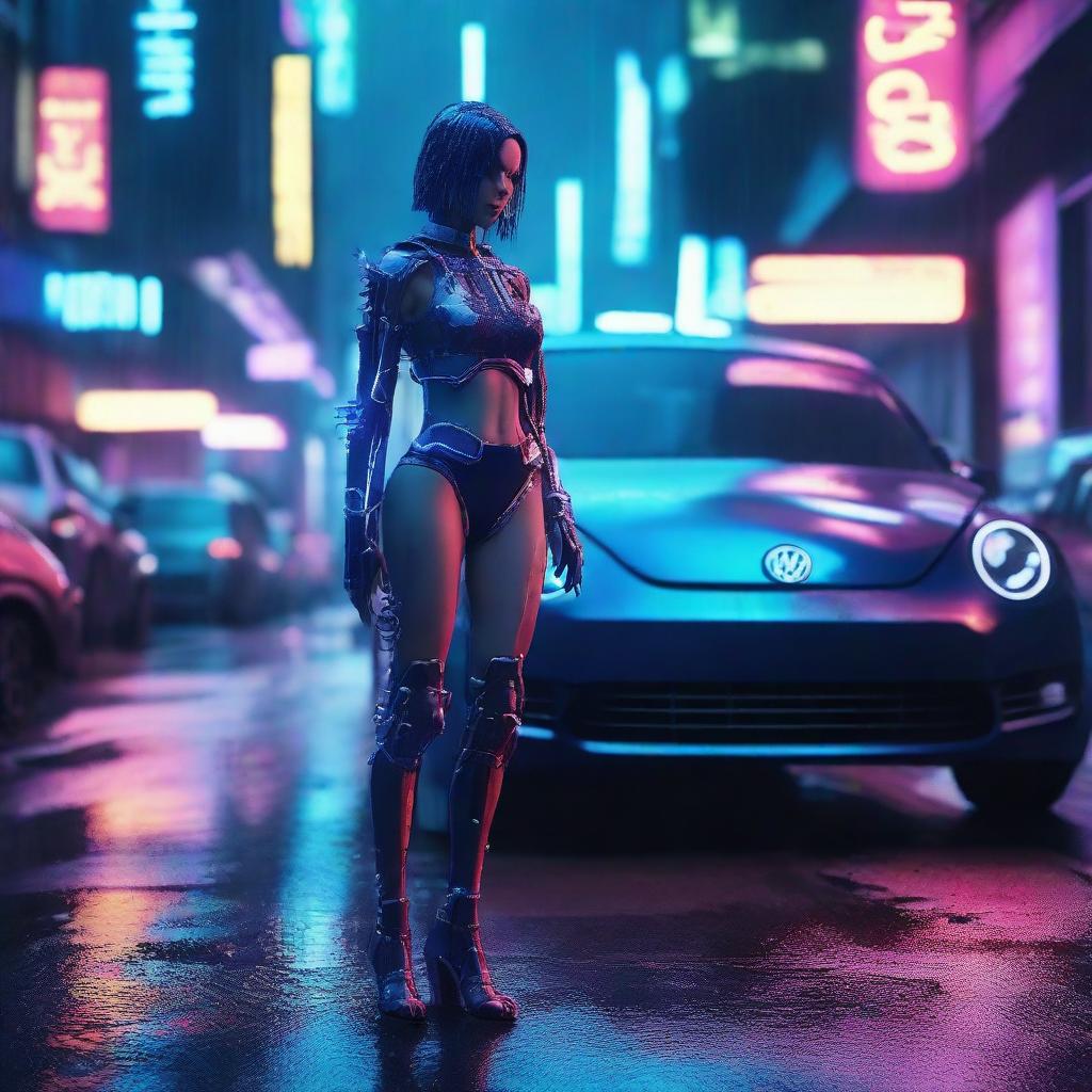 Beautiful young humanoid cyborg girl with highly detailed cybernetic limbs standing next to a dark indigo blue Volkswagen New Beetle on a cyberpunk dystopian street, under the neon glow on a rainy night.