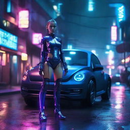 Beautiful young humanoid cyborg girl with highly detailed cybernetic limbs standing next to a dark indigo blue Volkswagen New Beetle on a cyberpunk dystopian street, under the neon glow on a rainy night.