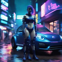 Beautiful young humanoid cyborg girl with highly detailed cybernetic limbs standing next to a dark indigo blue Volkswagen New Beetle on a cyberpunk dystopian street, under the neon glow on a rainy night.