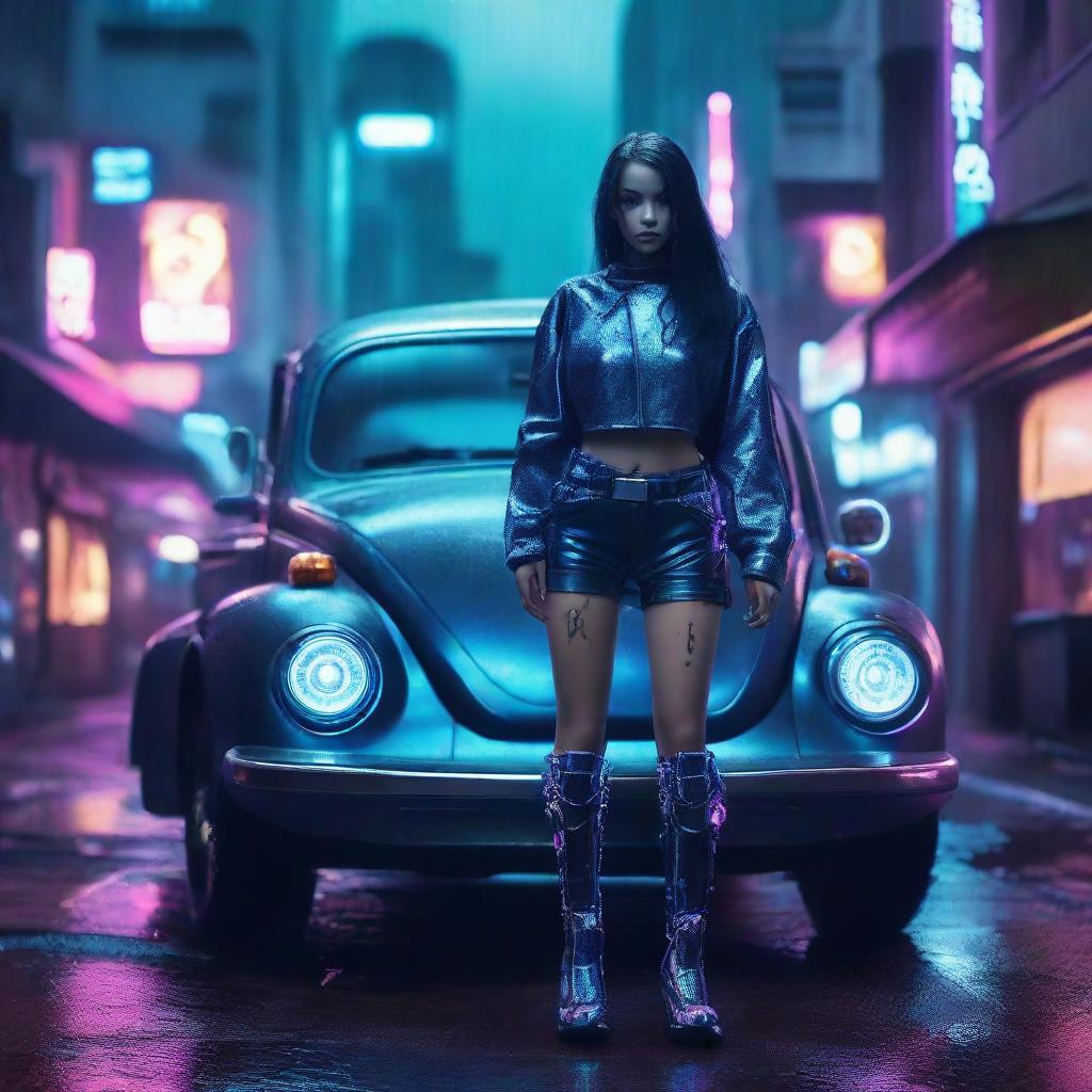 Beautiful young humanoid cyborg girl with highly detailed cybernetic limbs standing next to a dark indigo blue Volkswagen New Beetle on a cyberpunk dystopian street, under the neon glow on a rainy night.