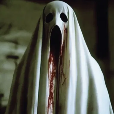 The horror movie included a scene where the ghostly figure had a bloodless face, making it more terrifying.