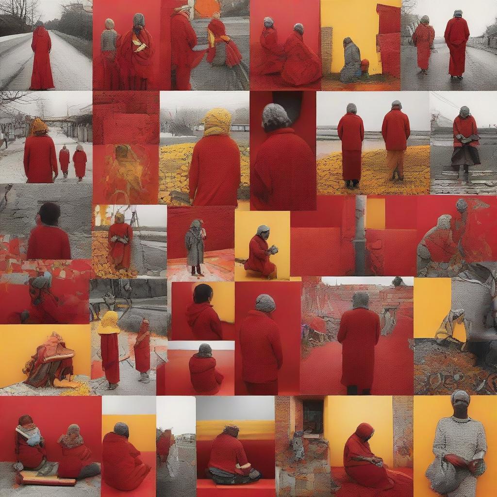 A captivating narrative photo collage centred around the theme 'Not everyone gets everything', weaving a story with images of diverse life experiences and paths, colored in tones of red, orange, and yellow.