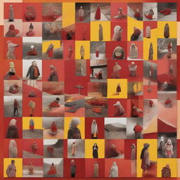 A captivating narrative photo collage centred around the theme 'Not everyone gets everything', weaving a story with images of diverse life experiences and paths, colored in tones of red, orange, and yellow.