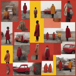 A captivating narrative photo collage centred around the theme 'Not everyone gets everything', weaving a story with images of diverse life experiences and paths, colored in tones of red, orange, and yellow.