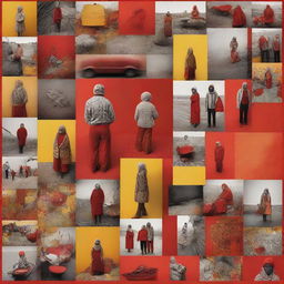 A captivating narrative photo collage centred around the theme 'Not everyone gets everything', weaving a story with images of diverse life experiences and paths, colored in tones of red, orange, and yellow.