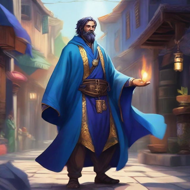 A fantasy RPG merchant donned in a vibrant blue robe making an entrance