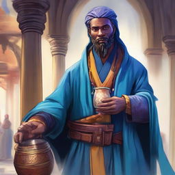 A fantasy RPG merchant donned in a vibrant blue robe making an entrance