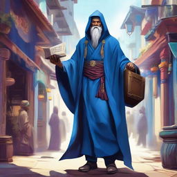 A fantasy RPG merchant donned in a vibrant blue robe making an entrance