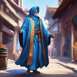 A fantasy RPG merchant donned in a vibrant blue robe making an entrance