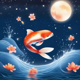 A vibrant Koi fish majestically leaping out of shimmering water under a starlit sky with a glowing moon.