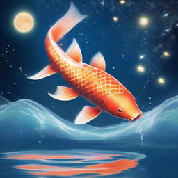 A vibrant Koi fish majestically leaping out of shimmering water under a starlit sky with a glowing moon.