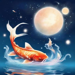 A vibrant Koi fish majestically leaping out of shimmering water under a starlit sky with a glowing moon.