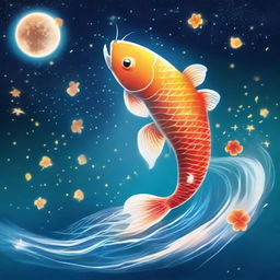 A vibrant Koi fish majestically leaping out of shimmering water under a starlit sky with a glowing moon.