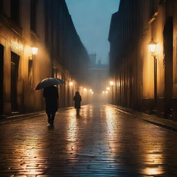 A solitary figure walking on a rainy night in an alley, surrounded by ancient buildings. The gloomy atmosphere is contrasted by the warm illumination of the street lights.