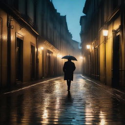 A solitary figure walking on a rainy night in an alley, surrounded by ancient buildings. The gloomy atmosphere is contrasted by the warm illumination of the street lights.