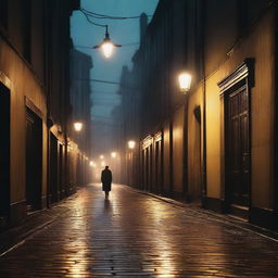 A solitary figure walking on a rainy night in an alley, surrounded by ancient buildings. The gloomy atmosphere is contrasted by the warm illumination of the street lights.