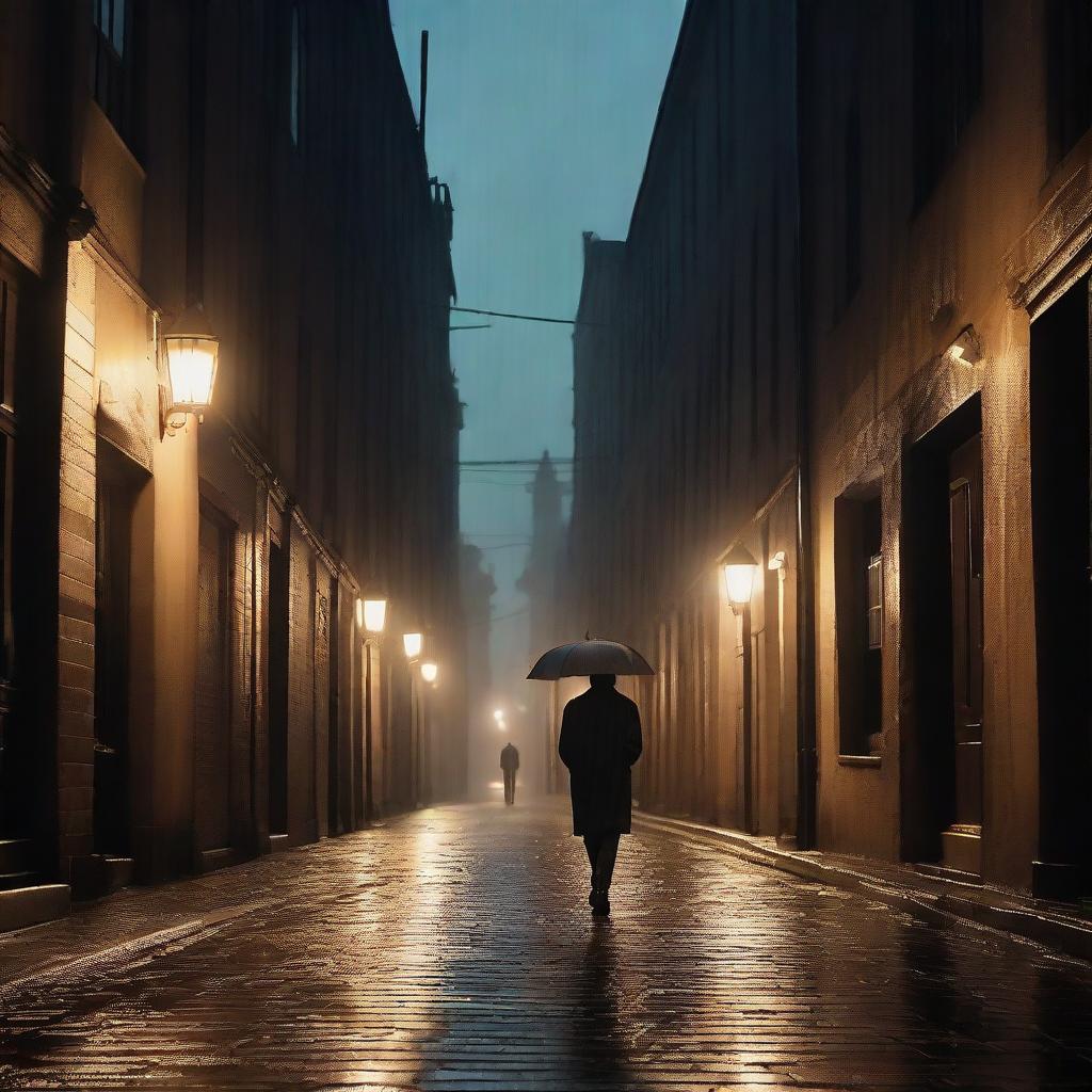 A solitary figure walking on a rainy night in an alley, surrounded by ancient buildings. The gloomy atmosphere is contrasted by the warm illumination of the street lights.