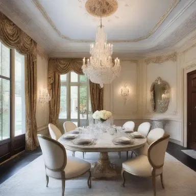 The elegant mansion had a luxurious dining room with a marble table and crystal chandeliers, where a plate of triple cream cheese was displayed.