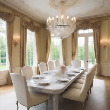 The elegant mansion had a luxurious dining room with a marble table and crystal chandeliers, where a plate of triple cream cheese was displayed.