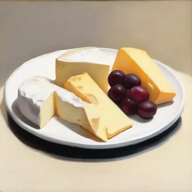 The artist created a still-life painting of a cheese plate featuring a delectable triple cream cheese at the center.