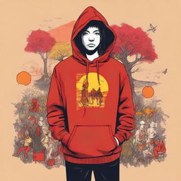 A hoodie design with the theme 'Not everyone gets everything', featuring a story-like depiction of diverse life experiences evoking a melancholic atmosphere, utilizing shades of red, orange, and yellow.