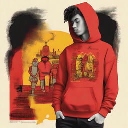 A hoodie design with the theme 'Not everyone gets everything', featuring a story-like depiction of diverse life experiences evoking a melancholic atmosphere, utilizing shades of red, orange, and yellow.