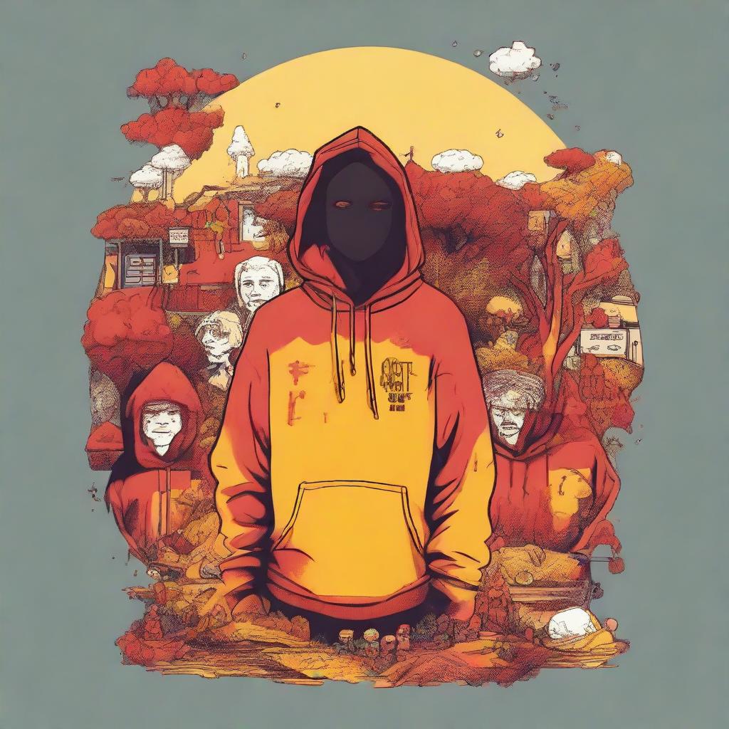 A hoodie design with the theme 'Not everyone gets everything', featuring a story-like depiction of diverse life experiences evoking a melancholic atmosphere, utilizing shades of red, orange, and yellow.