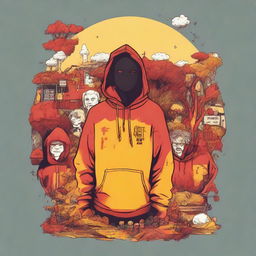 A hoodie design with the theme 'Not everyone gets everything', featuring a story-like depiction of diverse life experiences evoking a melancholic atmosphere, utilizing shades of red, orange, and yellow.