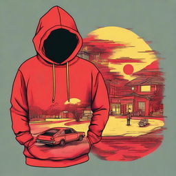 A hoodie design with the theme 'Not everyone gets everything', featuring a story-like depiction of diverse life experiences evoking a melancholic atmosphere, utilizing shades of red, orange, and yellow.