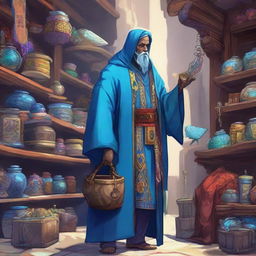 A fantasy RPG merchant garbed in a vibrant blue robe steps into view, laden with mysterious items of trade.