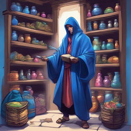 A fantasy RPG merchant garbed in a vibrant blue robe steps into view, laden with mysterious items of trade.