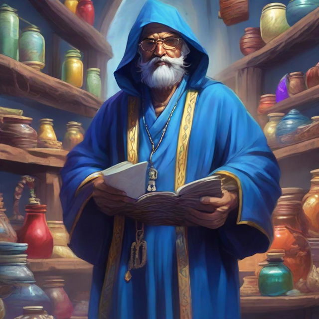 A fantasy RPG merchant garbed in a vibrant blue robe steps into view, laden with mysterious items of trade.