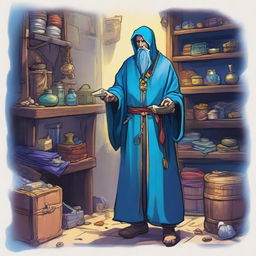 A fantasy RPG merchant garbed in a vibrant blue robe steps into view, laden with mysterious items of trade.