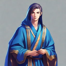 A youthful fantasy RPG merchant dressed in a vivid blue robe