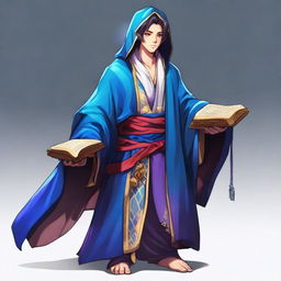 A youthful fantasy RPG merchant dressed in a vivid blue robe