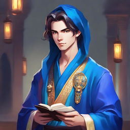 A youthful fantasy RPG merchant dressed in a vivid blue robe