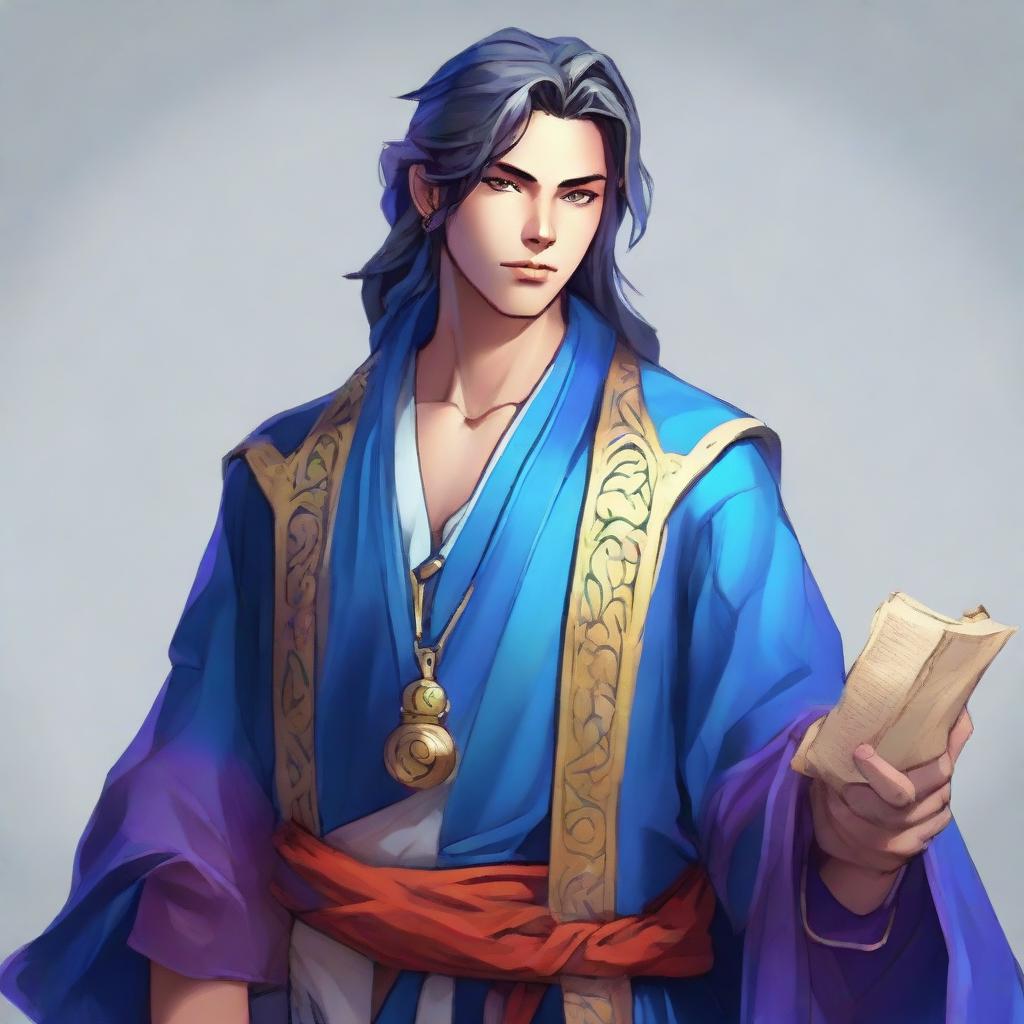 A youthful fantasy RPG merchant dressed in a vivid blue robe