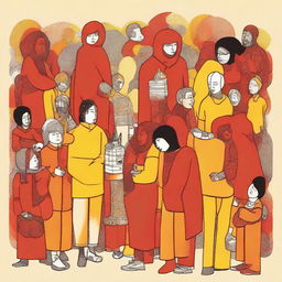 A melancholic design embodying the theme 'Not everyone gets everything', portraying various life experiences of different individuals, rich in powerful emotions. All depicted in hues of red, orange, and yellow.