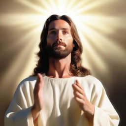 Artistic depiction of Jesus in a loving, peaceful posture, with outstretched hands as if saving or protecting, with heavenly light shining from above