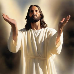 Artistic depiction of Jesus in a loving, peaceful posture, with outstretched hands as if saving or protecting, with heavenly light shining from above