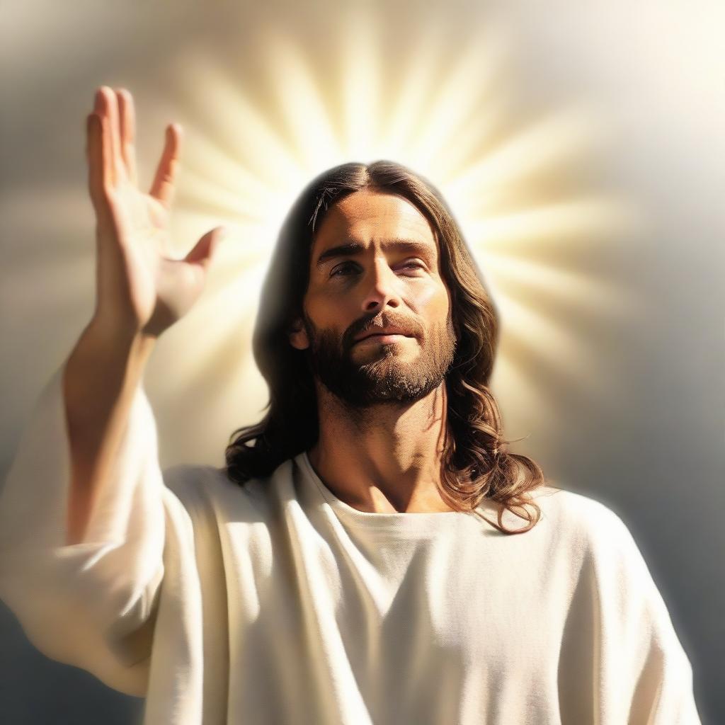 Artistic depiction of Jesus in a loving, peaceful posture, with outstretched hands as if saving or protecting, with heavenly light shining from above