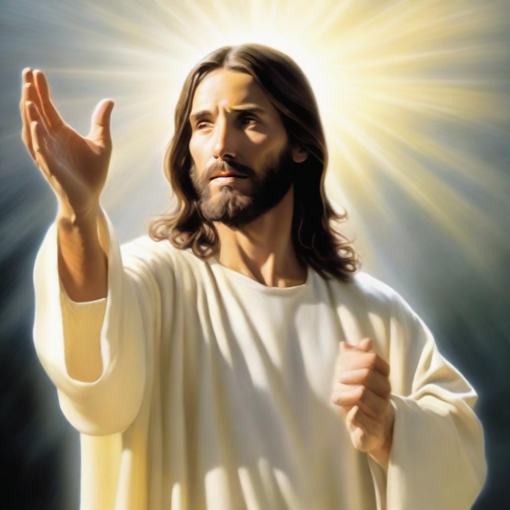 Artistic depiction of Jesus in a loving, peaceful posture, with outstretched hands as if saving or protecting, with heavenly light shining from above