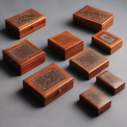 A collection of small wooden boxes made from Thuya wood, with intricate inlay designs on top.