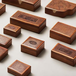 A collection of small wooden boxes made from Thuya wood, with intricate inlay designs on top.