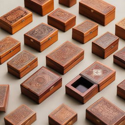 A collection of small wooden boxes made from Thuya wood, with intricate inlay designs on top.