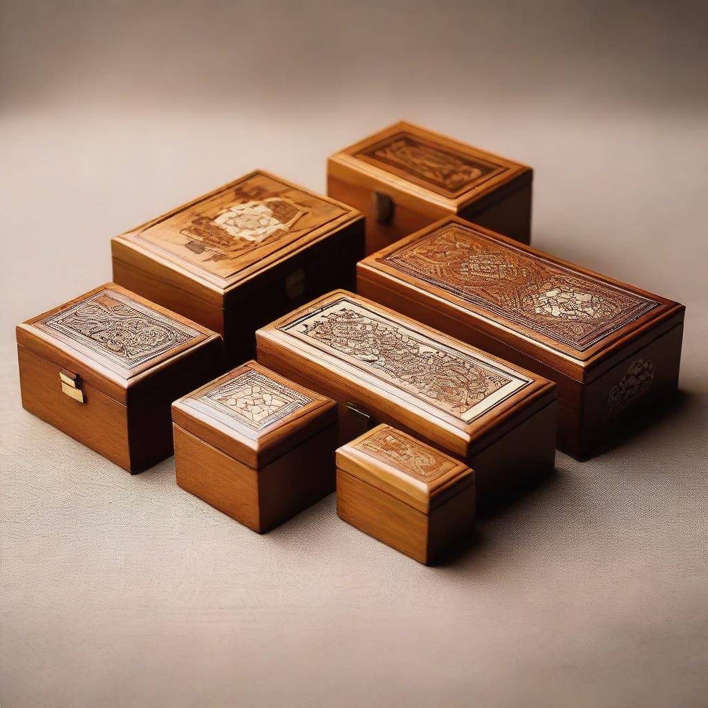 A collection of small wooden boxes made from Thuya wood, with intricate inlay designs on top.