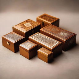 A collection of small wooden boxes made from Thuya wood, with intricate inlay designs on top.