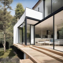 Add a contemporary design balcony to the existing house image