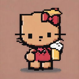 A pixel art image of a tan Hello Kitty holding a beer