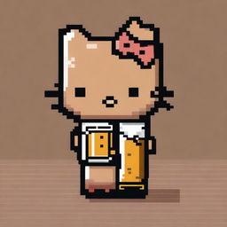 A pixel art image of a tan Hello Kitty holding a beer